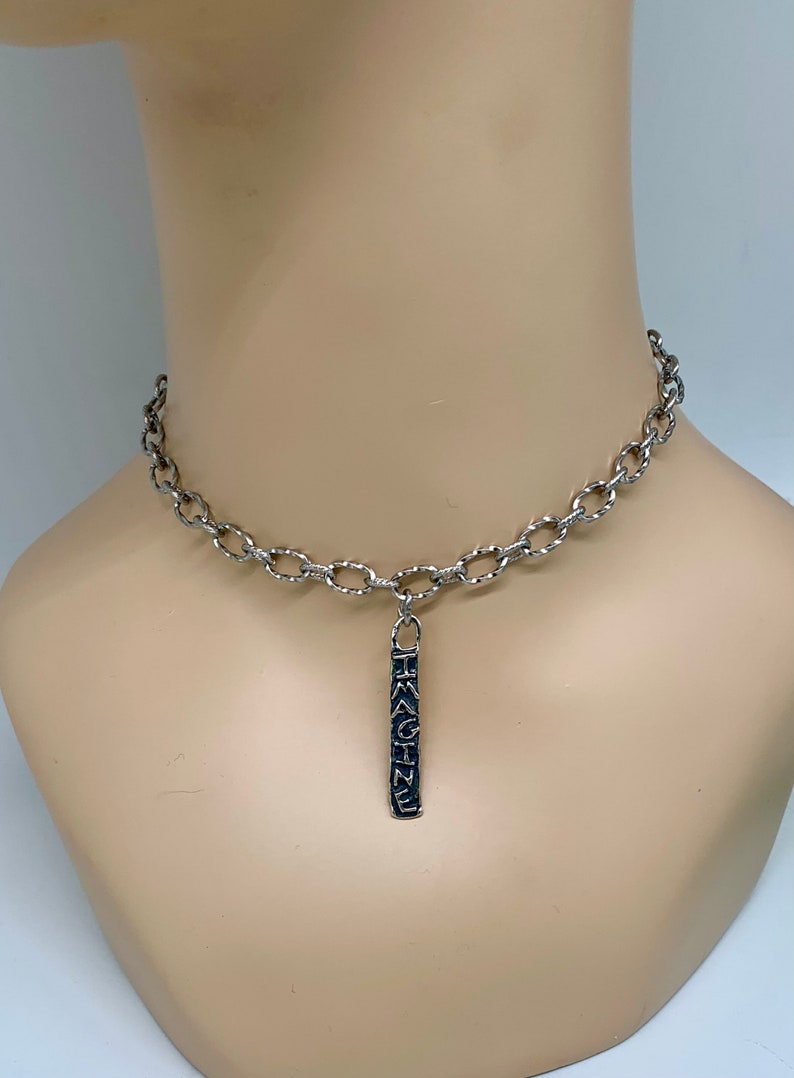 Handsome Artisan Handcrafted Necklace,Famous IMAGINE Word Pendant,Hammered Silver Chain,Several Lengths Available,Mothers Day Gift,Free Ship image 4