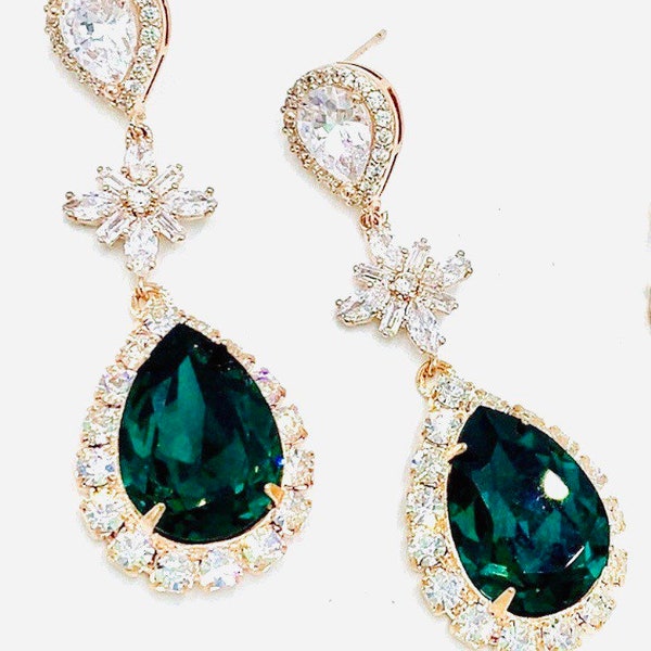 Christmas Emerald Earrings,Christmas Bridal Jewelry,Long CZ and Swarovski Teardrop Earrings and Bracelet,Gold or Silver,Clip Ons