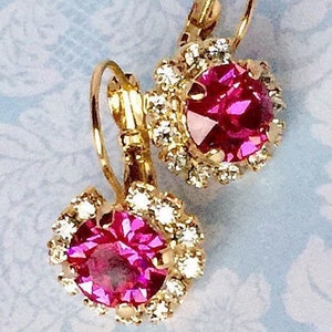 Swarovski Crystals Jewelry Set,Dainty Fuchsia Earrings and Necklace,Wedding Jewelry,School Dance,Sterling or Gold Settings