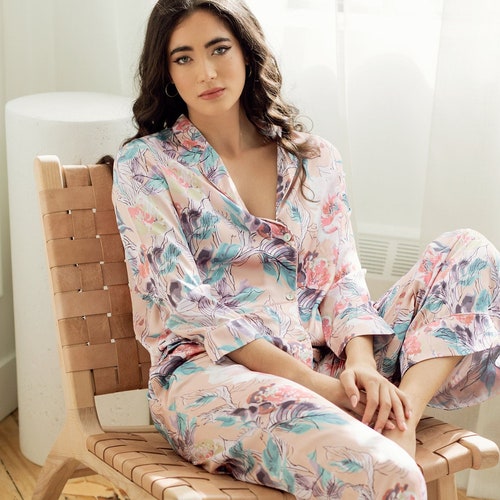 Floral Print Pajama Set | Full Length Silky Pj Set | Gift For Her | Blue, Blush, Peach, White Floral | Long sales Sleeve Pyjamas