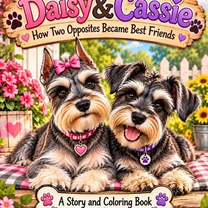 Könnte beinhalten: Ein Geschichten- und Malbuch mit dem Titel Daisy & Cassie: How Two Opposites Became Best Friends. Das Cover zeigt zwei Schnauzer-Hunde, einer mit einer rosa Schleife und Herzanhänger, der andere mit einem lila Pfotenanhänger, auf einer karierten Matte.