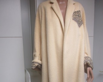 1940s Wonderful Russeks Winter White Wool Swing Coat Bead Rhinestone Cuffs