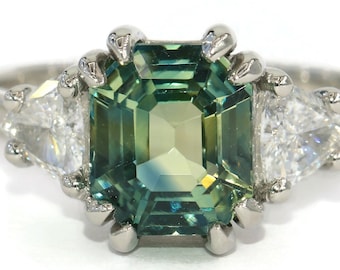 GIA Certified 3.38 ct Unheated Green Blue Sapphire Platinum Diamond Engagement Ring Appraised