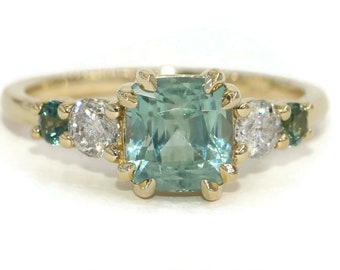 2 carat Sea-Foam Blue Green Natural Sapphire Engagement Ring 14k Solid Gold
