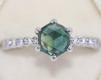2 ct Custom Cut Teal Hexagon Sapphire Ring with Honeycomb Diamond Shank 14k Solid Gold
