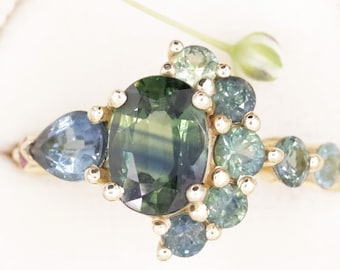 2 ct Blue Green Oval Natural Sapphire Ombre Cluster Engagement 14k Solid Gold Ring
