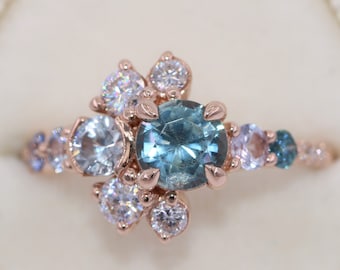 1 ct Teal Blue Green Montana Sapphire Sun and Moon Cluster Ombre Engagement 14k Solid Gold Ring