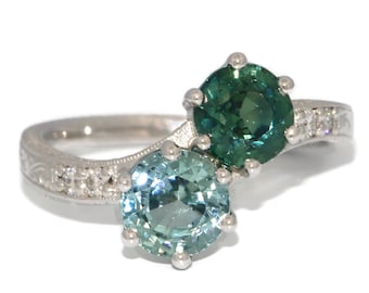 1.8 ct GIA Certified Hand Engraved Unheated Natural Montana Sapphire Moi et Toi Ring