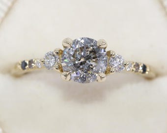 1.5 ct Salt & Pepper Natural Diamond Three Stone Engagement Ring 14k Solid Gold
