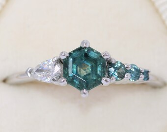1 ct Hexagon Blue Green Natural Sapphire and Pear Diamond Ombre Cluster Engagement Ring 14k Solid Gold
