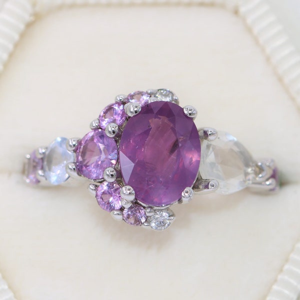 Anillo de oro macizo de 14 k con zafiro de media luna, óvalo y ombré rosa púrpura de 1,8 ct.