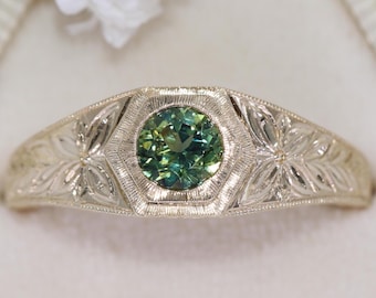 Hand Engraved Teal Green Natural Sapphire Engagement Ring Hexagon Frame Bezel Set 14k Solid Gold