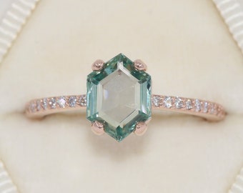 1.3 ct Hexagon Teal Green Natural Sapphire Engagement Ring with Pave Diamond Shank 14k Solid Gold