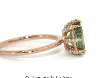 2 carat Oval Green Natural Sapphire Ring With 8 Diamond Pave Claw Prongs