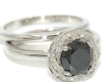 1.5 ct Black Natural Diamond Swirl Halo Engagement Ring 14k Solid Gold