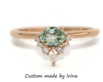 Kite Diamond Sunburst Pastel Green Montana Sapphire Ring
