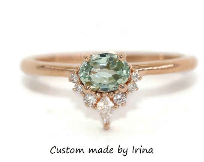 Featured listing image: Kite Diamond Sunburst Pastel Green Montana Sapphire 14k Rose Gold Ring