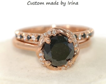 1.5 carat Black Natural Diamond Infinity Rope Halo Engagement and Wedding Rings Set