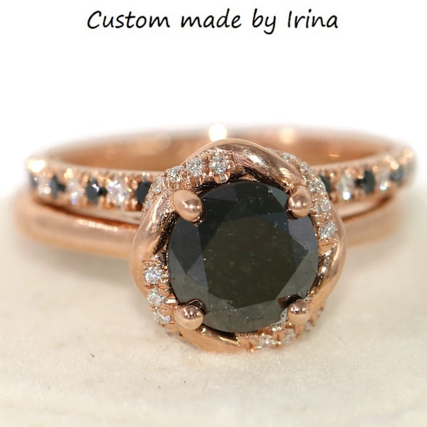 2 ct Black Natural Diamond Infinity Rope Halo Engagement + Wedding Rings Set 14k Solid Gold