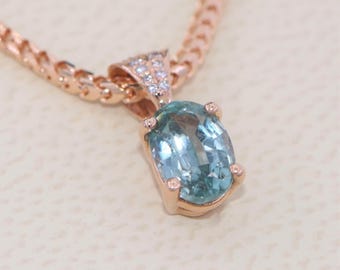 Teal Sky Blue Natural Sapphire and Diamonds Pendant Necklace 14k Solid Gold Custom Made