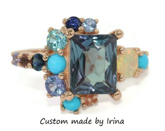 Custom Made Multi Gemstones Colorful Cluster Ring