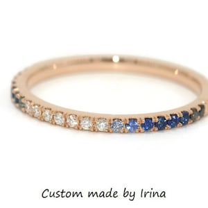 Ombre Blau Natürliche Saphire und Diamanten Pave Hochzeit Ring 14k Massivgold