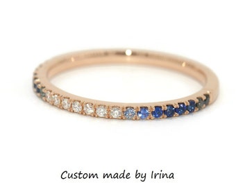 Ombre Blue Natural Sapphires and Diamonds Pave Wedding Ring