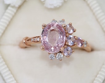 2 carat Oval Pink Sapphire Cluster One of a kind Half-Moon Crescent Half Halo Engagement Ring