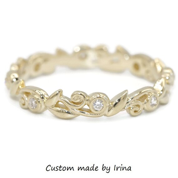 Dainty rustic wedding eternity ring delicate leaf filigree Etsy