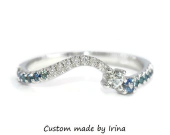 Wave Ombre Custom Ring with White + Teal Blue Natural Diamonds