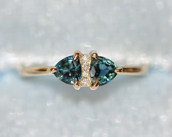 1 carat Blue Green Trillion Sapphires and Diamonds Ring