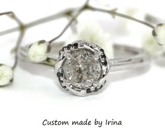 1 carat Salt and Pepper Diamond Rope Strand Halo Engagement Ring Gothic Style