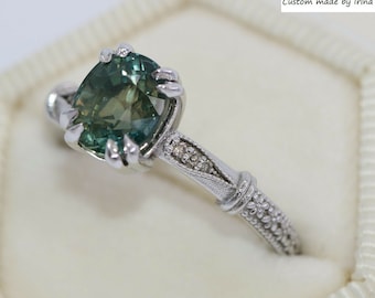 GIA Certified 3 carat Blue Green Sapphire Vintage Style Flower Pattern Custom-made Ring