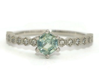 Custom Made Hexagon Natural Montana Sapphire Ring with Honeycomb Diamond Shank