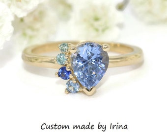 1.2 carat Pear Natural Sapphire Ombre Cluster Engagement Ring