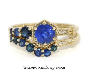 1 carat Hexagon Natural Sapphire Cluster Engagement Ring and Wedding Band Set