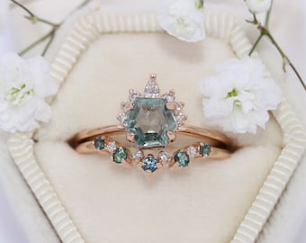 Sunburst Montana Hexagon Teal Natural Sapphire Ring