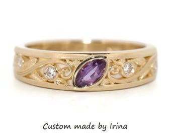 Purple Natural Sapphire Bezel Set Vine Leaf Marquise Engagement-Wedding Ring