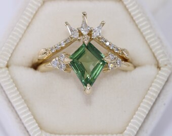 2 carat Kite Green Natural Sapphire + Natural Diamonds Engagement and Wedding Rings Set