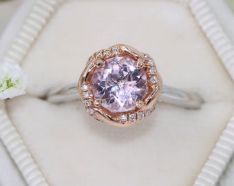 Intertwined Rope Diamond Halo Mixed Gold Morganite Ring