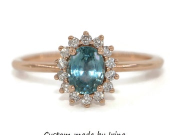 Ocean Blue Oval Natural Montana Sapphire Engagement Ring with Diamond Halo