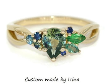 1 ct Blue Green Pear Natural Sapphire Ombre Cluster 14k Solid Gold Ring