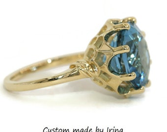 7 carat Blue Natural Topaz Vintage Style Inspired See Through Pattern Ring