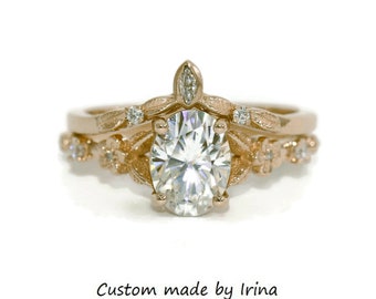 1.5 carat IGI Certified Oval Lab Diamond Flower Leaf Engagement Ring and Wedding Band