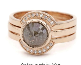 Low Profile Bezel Set 2 carat Rustic Natural Diamond Engagement and Wedding Rings Set