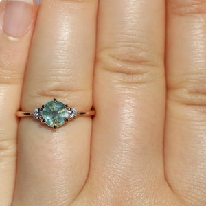 3 Stone Montana Sapphire Engagement Ring, Teal Unheated Montana Sapphire Ring, Pastel Sapphire Ring