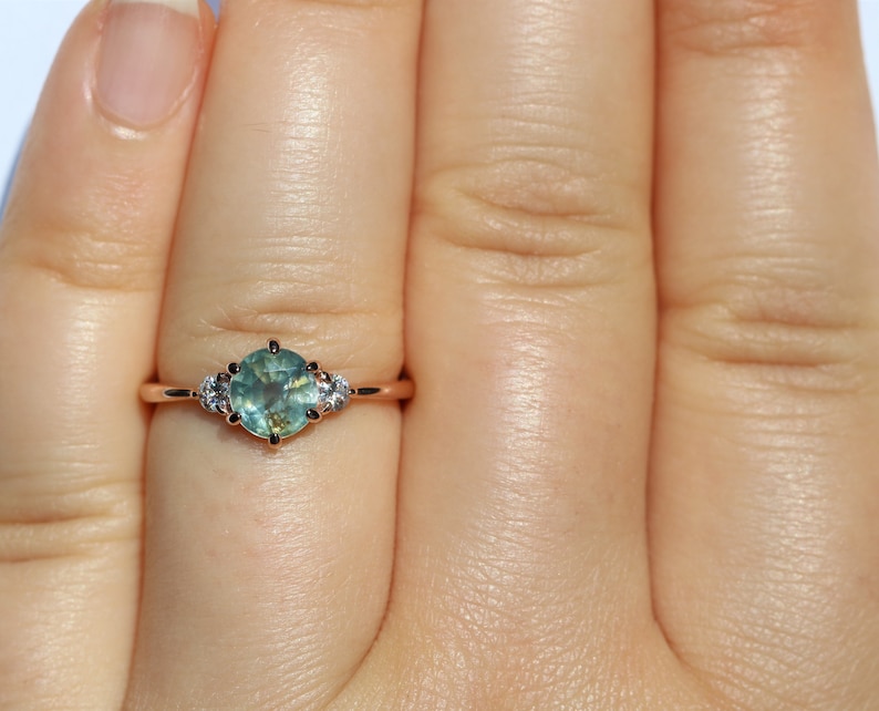 3 Stone Montana Sapphire Engagement Ring, Teal Unheated Montana Sapphire Ring, Pastel Sapphire Ring