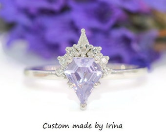 1 carat Custom Shield Cut Lavender Natural Sapphire and Kite Diamond Ring