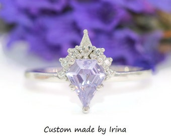 Custom Shield Cut Lavender Sapphire and Kite Diamond Ring