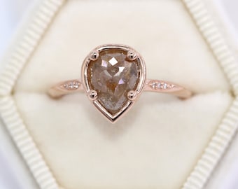 Rose Cut Rustic Natural Diamond Knife Edge Ring with Vintage Inspired Cut Out Shoulder Details 14k Rose Gold